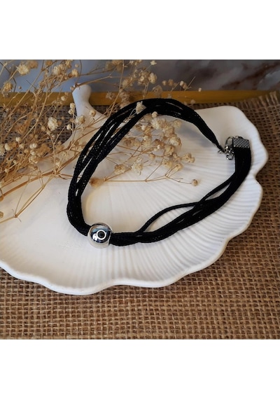 Siyah Makrome İp & Metal Boncuk Kadın Choker Kolye Yeşil