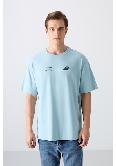 Tommy Life Açık Mavi Pamuklu Kalın Yumuşak Dokulu Oversize Fit Baskılı Erkek T-shirt - 88330 Açik Mavi