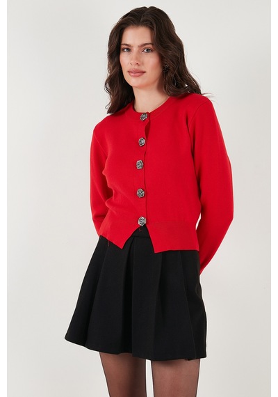 Lela Premium Regular Fit Yuvarlak Yaka Crop Triko Bayan Hırka 680Hi00110 Kırmızı