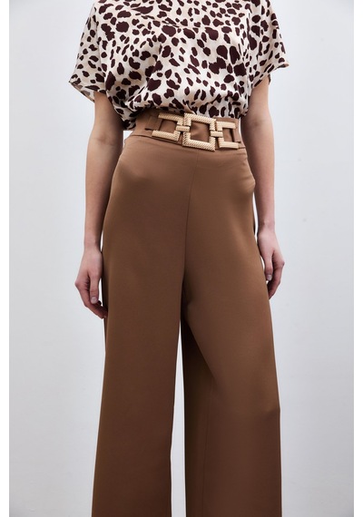 Sateen Bel Kemerli Saten Krep Pantolon - Camel-135974 Camel