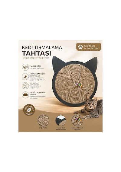 Kedi Kulaklı Yuvarlak Jüt İpli Kedi Tırmalama Tahtası Boncuklu Oyuncaklı