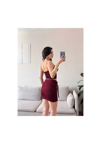 Evoa Kadın Bordo Zincir Askılı Toka Detaylı Bluz & Etek Takım Bordo Bordo