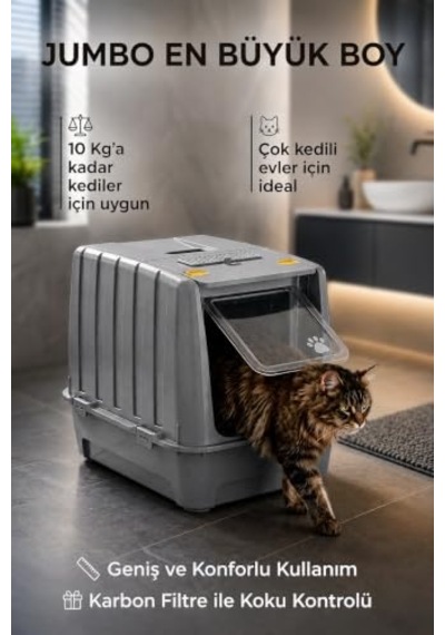 Jumbo Dev Büyük Boy Kapalı Kedi Tuvaleti, Filtreli Ve Kürek Hediyeli, 67,5x47x51 Cm - Vn11095 Açık Bej