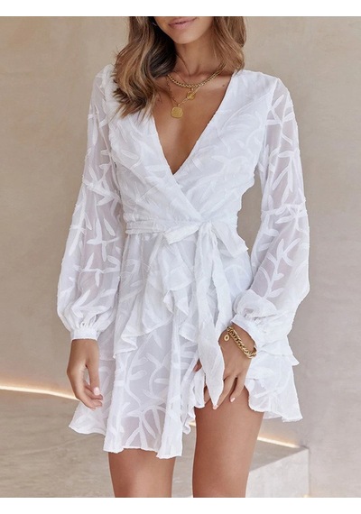 Fashion Cocktail Kabartma Yaprak Dal Desenli Uzun Kollu Kemerli Bohem Mini Elbise Beyaz