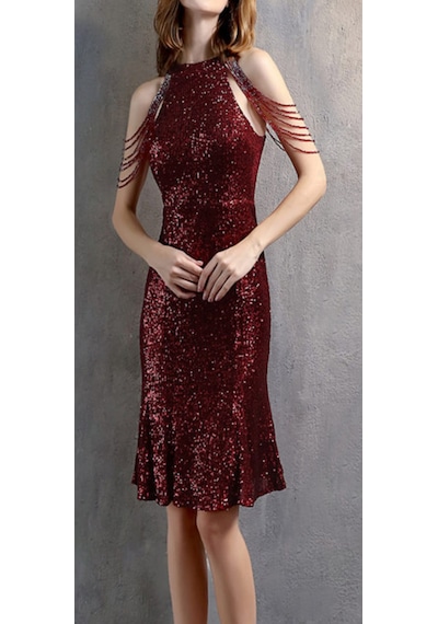 Hanife Glam Couture Hanife Glam Boncuk Detaylı Pulpayet Abiye Elbise Bordo