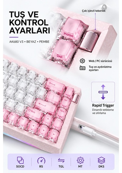 Ajazz Ak680 V3 8000 Hz Manyetik Rgb Oyuncu Klavyesi Beyaz Pembe Thunder Crystal