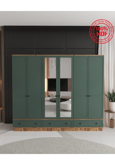 Irmak 6 Kapaklı Çekmeceli Bazalı Gardırop - Tamamı Mdf Yeşil