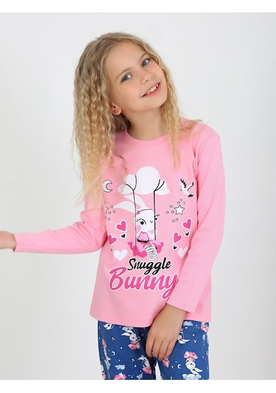 Kız Çocuk Uzun Kollu %100 Pamuklu Pijama Takımı Snuggle Bunny Pembe