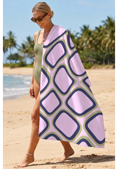 Geometrik Retro Modern Plaj Havlusu - Pembe Lacivert Bohem Akdeniz Hızlı Kuruyan Mikrofiber Havlu Ayaz Deniz
