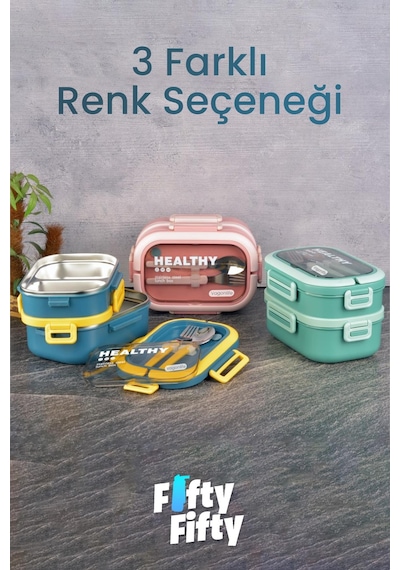 1650 Ml İki Kat Üç Bölme Paslanmaz Çelik Lunch Box Yeni Nesil Sefer Tası - Kaşık Ve Çatallı -6715 Lacivert