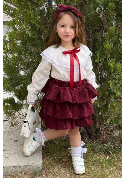 Riccotarz Kız Çocuk Üstü Volanlı Dantel İşlemeli Fırfırlı Bordo Etekli Takım 2223009001 Bordo