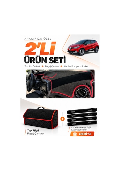 Renault Captur 1 2013-2019 Uyumlu Torpido Örtüsü + Tay Tüyü Çanta + Sticker - Siyah Kırmızı