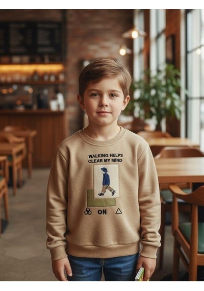 Zekids Erkek Çocuk Pamuklu Clear My Mind Yazılı Batik Desenli Sweatshirt-16333 Bej