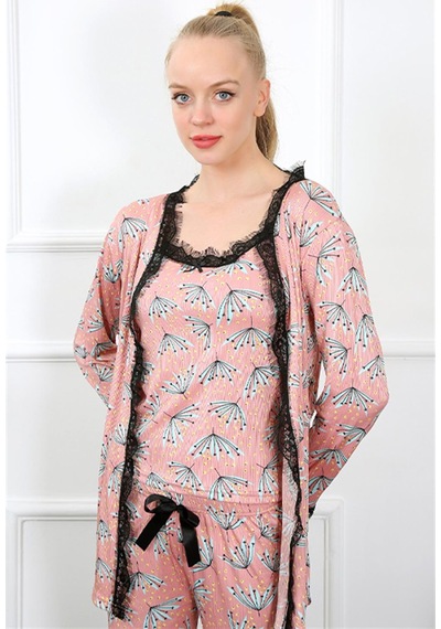 İbrahim Burak Etiler Collection Moda Çizgi Kadın 3'lü Somon Sabahlık Pijama Takım 16103