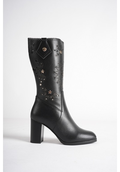 Analin Shoes Kadın Hakiki Deri Yıldız Ve Lazer Kesim Detaylı Topuklu Çizme Siyah
