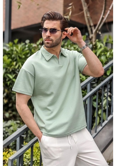 Madmext Mint Yeşili Polo Yaka Oversize Erkek Tişört E7185