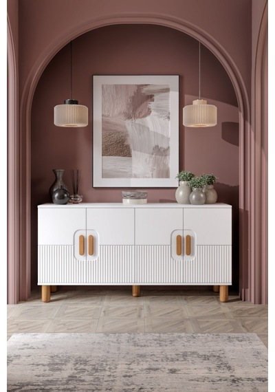 Dorin Bohem Konsol 4 Kapaklı Mdf Mebran Kapak 160 Cm Modern Salon Konsolu Beyaz