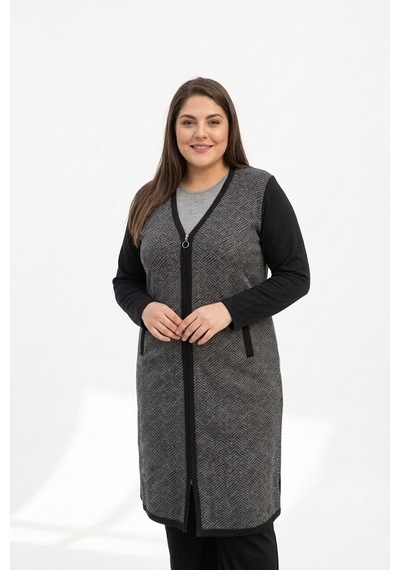 Onno Style Women Desenli Çelik Örgü Triko Uzun Kadın Ceket Siyah