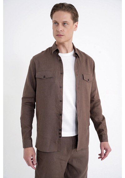 Comfort Fit Yan Cepli %100 Keten Vizon Gömlek Ceket G 1602 Comfort Fit Yan Cepli %100 Keten Vizon Gömlek Ceket G 1602