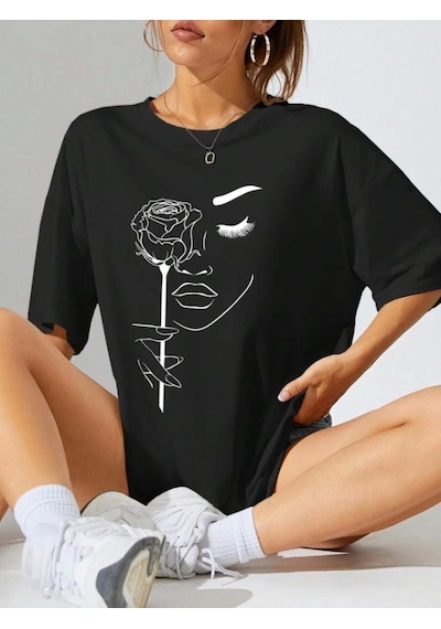 Modi Baskılı Oversize T-shirt - Siyah