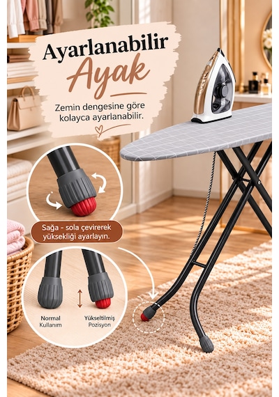 Perilla Alsu Lüx Ütü Masası – Isıya Dayanıklı Kumaş, Buhar Geçirici Geniş Perfore Tablalı Standart Ütü Masası 38*120 cm