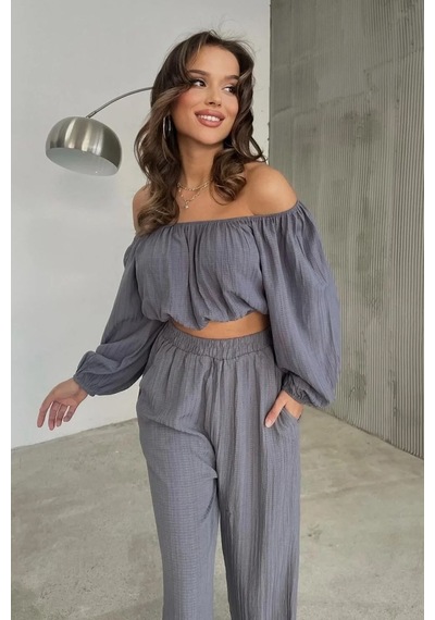 Fashion Cocktail Düşük Omuz Yazlık Lastikli Bohem Sahil Pantolon Krop Göbek Açık Kadın Takım Gri