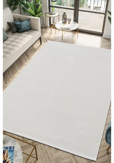 Merit Mr009a Krem Halı Geometrik Detaylı İnce Yumuşak Akrilik Modern Salon Oturma Odası Halısı-294 Bej