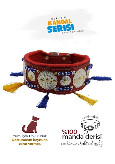 Kangal Malaklı Akbaş Püsküllü Deri Boyun Tasması Bordo