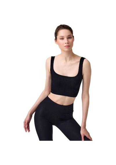 Cottonhill Premium - Kadın Siyah Seamless Orta Boy Kare Yaka Crop Top Büstiyer Siyah