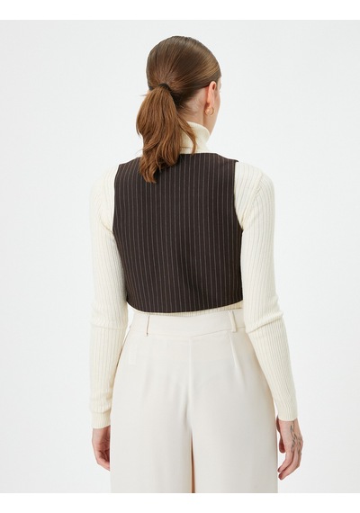 Koton Crop Yelek Düğmeli Mini Cepli Ekru Çizgili 4wak10238ek Ekru Çizgili