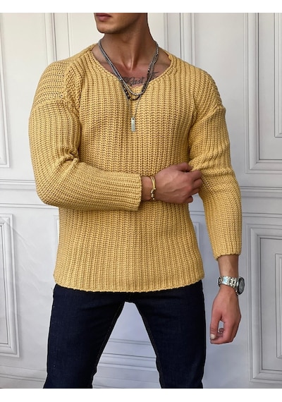 Modefendi Yüksek Kalite Çelik Örme Oversize Kazak Sarı