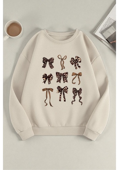 Uyguntarz Unisex Leopar Desenli Tasarım Baskılı Bisiklet Yaka Sweatshirt Bej