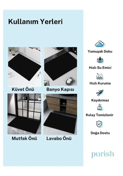 Sihirli Su Emici Banyo Paspası Kaymaz Tabanlı Abdest Paspası Siyah 40x60cm Sihirli Su Emici Banyo Paspası Kaymaz Tabanlı Abdest Paspası Siyah 40x60cm