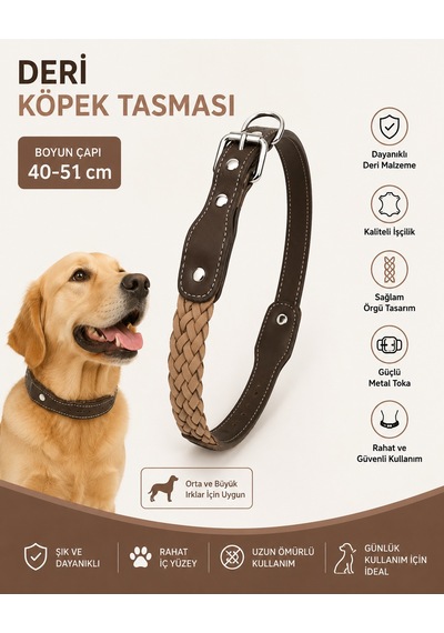 Örgü Deri Köpek Boyun Tasması 40-51 Cm Ayarlanabilir Metal Tokalı Perçinli - Kahverengi Çok Renkli