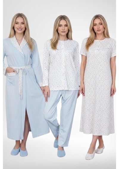 Mecit Pijama Mecit 6387 Mavi Büyük Beden Kadın Sabahlık Gecelik Pijama Takımı