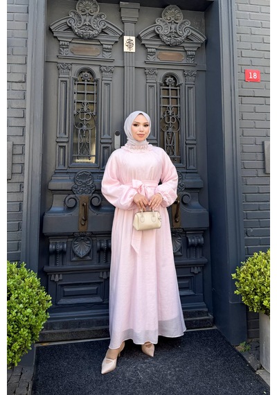 Cgx İnci İşlemeli Tül Tesettür Elbise Pembe