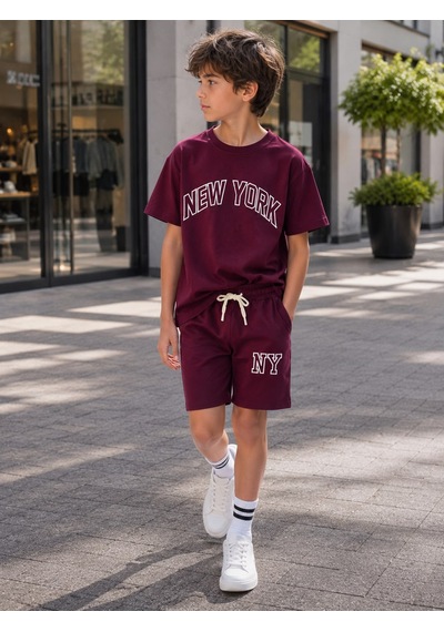 Erkek Çocuk Slogan Yazı Nakışlı T-shirt - Şort Alt Üst Takım Bordo
