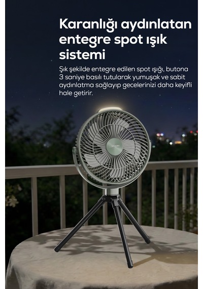 Taşınabilir Kamp Vantilatörü 8000 Mah, Bataryalı, Tripodlu, Işıklı, Sessiz X7434-yeşil