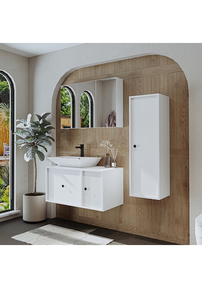 Lavabolu Mat Mdf 90 Cm Çekmeceli Dolabı + Aynalı Dolabı Beyaz Mat Beyaz