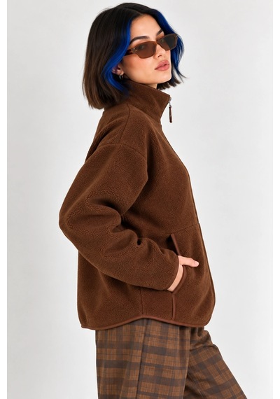 Mevese Oversize Dik Yaka Biyeli Fermuarlı Cepli Teddy Peluş Ceket- - Acı Kahve Kahverengi