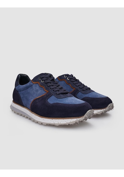 %100 Hakiki Deri Lacivert Süet Bağcıklı Erkek Sneaker-lacivert Lacivert