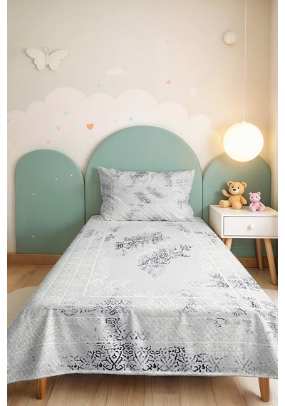 Gri Etnik Modern Tek Kişilik Pike Takımı - Beyaz Şal Motifli 160x220 Cm Kapitone Yazlık Yatak Örtüsü Beyaz