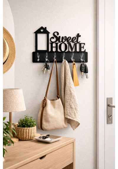 Sweet Home Duvar Askılığı 6 Kancalı Dekoratif Anahtarlık Ve Askı 39 X 28 Cm Siyah Siyah
