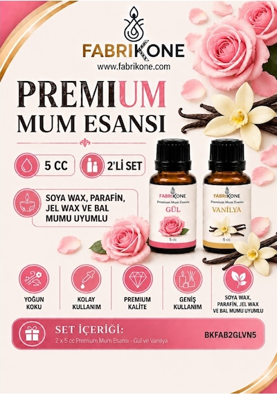 Premium Mum Esansı 5 Cc 2'li Set - Gül, Vanilya - Soya Wax, Parafin, Jel Wax Ve Bal Mumu Uyumlu Bkfab2glvn5 Karışık