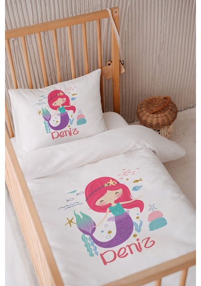 %100 Pamuk Saten Isme Özel Isimli 100x150 Bebek Yatak Nevresim Seti Pembe Saçlı Denizkızı