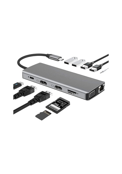 7031 Type C 12'si 1 Arada Usb C Hub, Çift 4k Video Çıkışı, Vga, Rj45, Pd Şarj, Sd/tf Kart Okuyucu, Usb-a Girişi, 3.5mm Ses Girişi, Tip C Bağlantı İstasyonu