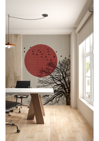 Kırmızı Güneş Önünde Kuşlar Poster Duvar Kağıdı Renkli
