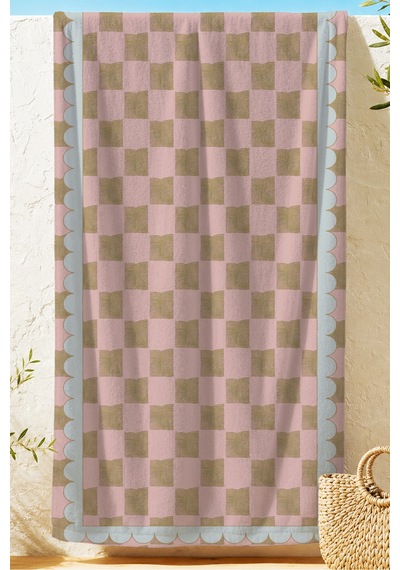 Pembe Ekose Şeritli Plaj Havlusu - Modern Bohem Pastel Kareli Hızlı Kuruyan Mikrofiber Havlu Berrak Melisa