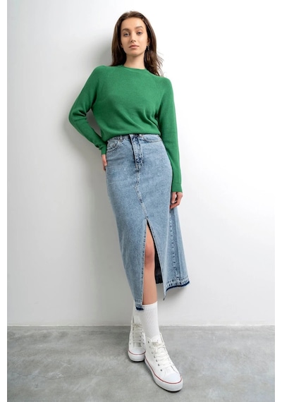 Kaizer Denim Kadın Ortadan Yırtmaçlı Etek Buz Mavi