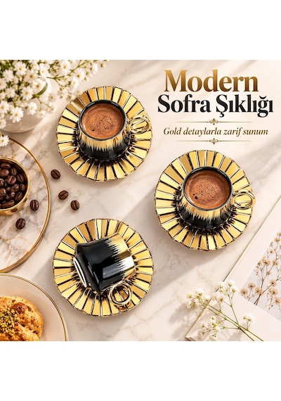 6 Kişilik 12 Parça Türk Kahvesi Fincan Seti 100 Ml Siyah Gold Detaylı Porselen Çok Renkli